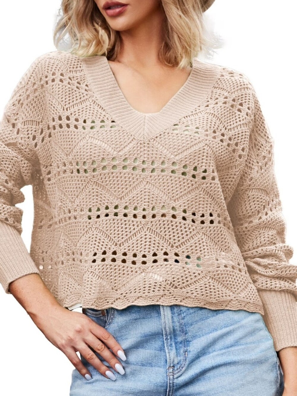 Absolutely Boutique Open Knit Sweater Neutral Beige Crochet Pullover Beachy M - Picture 2 of 13